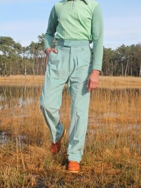 On The Sunny Side Eco Cotton Blue High Waisted Pleated Trouser Pants 38 Waist